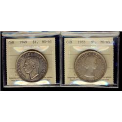 1949 & 1953 SF $1 ICCS MS65.  Lot of two attractively toned coins.