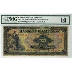 Bank of Hamilton 1922 $25 000991 CH-345-22-06 PMG VG10.  Very rare.  Only a few examples are known.