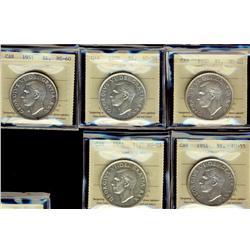 1950 $1 SWL & Arnp AU50, 1951 SWL AU55(2) & MS60.  Lot of 5 ICCS graded coins.