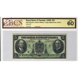 The Royal Bank of Canada 1935 $5 #1247138 CH-630-18-02a BCS UNC60.