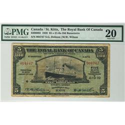 The Royal Bank of Canada 1938 $5 or 1Pound-10 St-Kitts 004747 CH-630-60-02 PMG VF20.  Only 4 pieces 