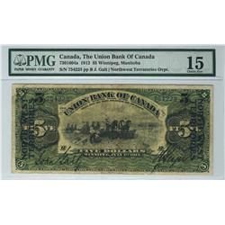The Union Bank of Canada 1912 $5 CH-730-16-06a OVER STAMPED NORTH WEST TERRITORIES. 754223 PMG F15. 