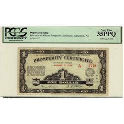 Province of Alberta 1936 $1 Prosperity Certificate 3712 PCGS VF35PPQ