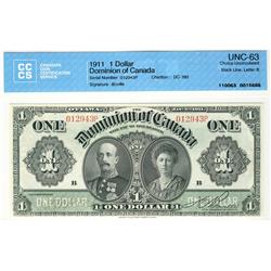 1911 $1 DC-18d #012943P CCCS Choice UNC63. Lovely example.