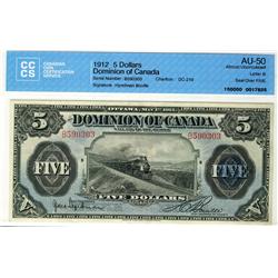 1912 $5 DC-21d #B590303 CCCS AU50, a nice example.