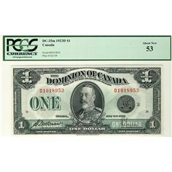 1923 $1 DC-25m D1018953 PCGS AU53, rare variety.  Lovely example.