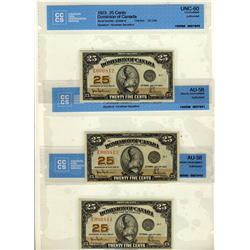 1923 25¢ DC-24a #E000812/813/814.  Lot of consecutive Hyndman notes.  Grades CCCS AU58(2) and UNC60.