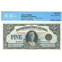 1924 $5 DC-27 #A018296  CCCS AU55. Superb example with vibrant colours.  So bright.  Very rare this 