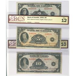 1935 $2 BC-3 VF20, $5 BC-5 F12 & $10 BC-7 VG10.  Lot of 3 notes all BCS graded.