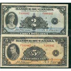1935 $2 BC-4 #F098402 & $5 BC-6 #F102442.  Lot of 2 french issues.  Fine to F+ in grades.
