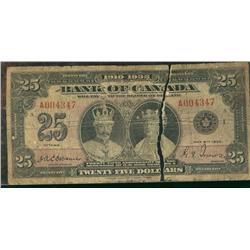 1935 $25 BC-11 #A004347.  Rare and popular issue, looks like a solid VG is but is torn in half.  Sho