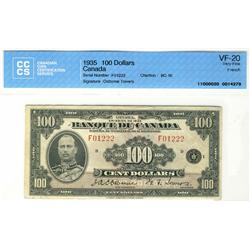 1935 $100 BC-16 #F01222 CCCS VF20.  Rare French note.  Clean example.