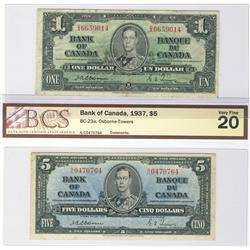 1937 $1 BC-21a & $5 BC-23a.  Lot of 2 Osborne notes both BCS graded.