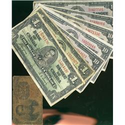 1937 $1 BC-21c, 21d, $10 BC-24b(2) & BC-24c(4) along with US 10¢ Fractional note.  Lot of 9 notes al