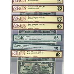 1937 $1 BC-21d BCS BCS AU50(2), AU55, & UNC60, BC-21c AU55 & AU58 PMG and BCS UNC60.  Lot of 7 notes