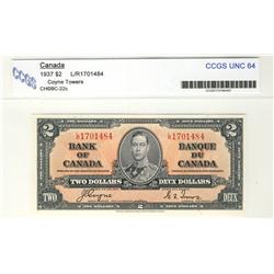 1937 $2 BC-22c #LR1701484 CCGS UNC 64.  Full colours and sharp corners.