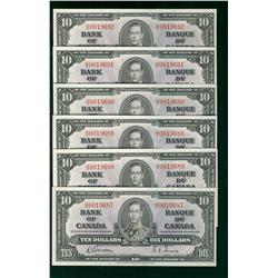 1937 $10 BC-24b #UD0019687-992.  Lot of 6 consecutive AU to UNC notes.