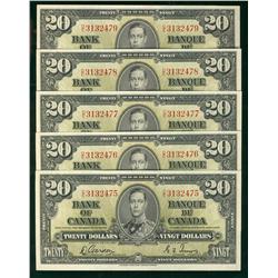 1937 $20 BC-25b #DE3132475-479.  Lot of 5 consecutive AU to UNC notes.