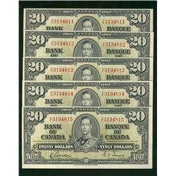 1937 $20 BC-25b #DE3132811-815.  Lot of 5 consecutive AU to UNC notes.