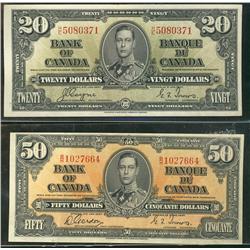 1937 $20 BC-25c #HE5080371 & 1937 $50 BC-26b #BH1027664.  Lot of 2 notes EF to EF+ for grade.