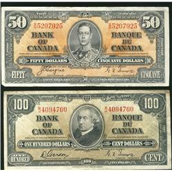 1937 $50 BC-26c VF & $100 BC-27b VG.  Lot also includes Bank of Montreal 1938 $5 Chartered note, VF/