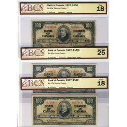 1937 $100 BC-27a F18, BC-27b F18 & BC-27c VF25.  Lot of 3 BCS graded notes.