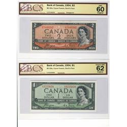 1954 $1 BC-29a UNC62 & BC-30a UNC60.  Lot of 2 notes both BCS graded.