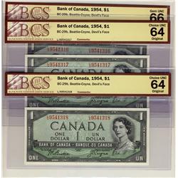 1954 $1 BC-29b #LA9541316/317/318.  Lot of 3 BCS graded notes, 1 x Gem UNC66 and 2 x CH UNC64.