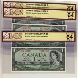 1954 $1 BC-29b #LA9541319/320/321 Ch UNC64.  Lot of 3 BCS graded notes.
