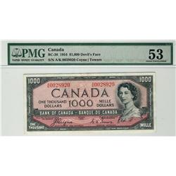 1954 $1000 BC-36 A/K0028920 PMG AU53.  Rare Devil's face.