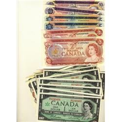 Mixed Lot, Bank of Canada issues, includes 1967 #1 BC-45b-i(9), 1973 $1 BC-46a(13), 1974 $2 BC-47a(4