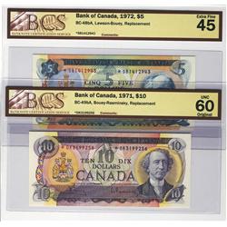 1972 $5 BC-48bA #*SB1412943 EF45 & 1971 $10 BC-49bA #*DK3199256 Original UNC60.  Lot of 2 BCS graded
