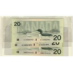 1991 $20 BC-58aA #EIX0482941, BC-58aA-ii #AIX0521890 & BC-58d.  Lot of 3 notes all UNC.