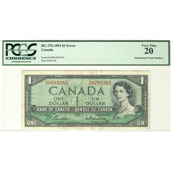 ERROR 1954 $1 BC-37b Mismatched Serial Numbers A/O0683385 A/O0783385 PCGS VF20