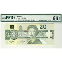 ERROR 1991 $20 BC-58d EVV8085183  Misalignment Error PMG UNC66EPQ