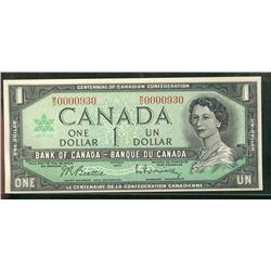 Low Serial Number 1867-1967 $1 BC-45b #MO0000930.  Low serial number Choice UNC.