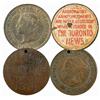 Image 1 : Advertising token on an 1886 Large cent.  The Toronto News, Berthier Nov 3oth 1886.  Scarce and quit