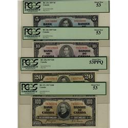 1937 $5 BC-23c, $10 BC-24c, $20 BC-25b, $100 BC-27c, all PCGS AU53