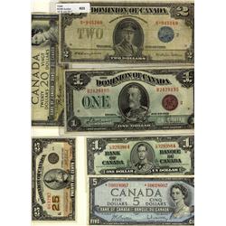 Banknote lot includes, 1923 25¢ DC-24d EF, $1 DC-25i VF, $2 DC-26h Fine, 1937 $1BC-21c EF, 1954 $20
