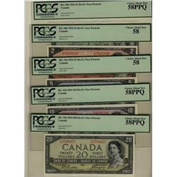 1954 $1 BC-29b, $2 BC-30b, $5 BC-31b, $10 BC-32b, $20 BC-33b, all PCGS AU58