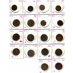 N.S.  Lot of 17 pieces. 1/2¢ 1861 (3), 1864 (3), 1¢ 1861 (3) ,1862, 1864 (5), PEI 1¢ 1871 (3).  Grad
