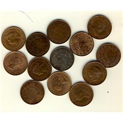 1859 1¢ W9/8(2), 1876H, 1893, 1894, 1896, 1900H, 1901(2), 1902(2), 1904 & 1907H.  Lot of 13 coins al