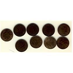 1899 to 1901 1¢.  Lot of 9 coins including, 1899(2), 1898H(2), 1895, 1892, 1900H & 1901(2).  Grades 