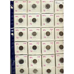Nfld 5¢ Virtually complete date set, lot of 30 pieces. 1865, 1872H, 1873, 1881, 1882H, 1890 (2), 189