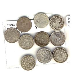 Nfld 1865 5¢ Obv 1, 1870, 1876H, 1880, 1881, 1882H(2), 1888, 1890 & 1896.  Lot of 10 coins all Good
