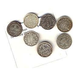 Nfld 1865 5¢, 1880, 1881, 1882H, 1888(2) & 1894.  Lot of 7 coins all with issues, cleaning, digs etc