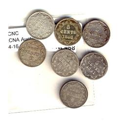 Nfld 1865 5¢, 1880, 1881, 1882H, 1888, 1890 & 1894.  Lot of 7 coins all VG or better.