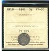 Image 1 : Nfld 1881H 5¢ ICCS VF20.