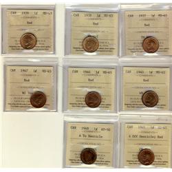 1937 1¢, 1938, 1939, 1940, 1946, 1947, 1949 A OFF ICCS MS65RD & 1949 A to Dent ICCS AU50.  Lot of 8 