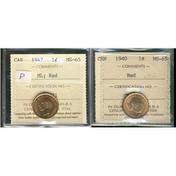 1940 & 1947 ML 1¢ ICCS MS65RD.  Lot of 2 coins.